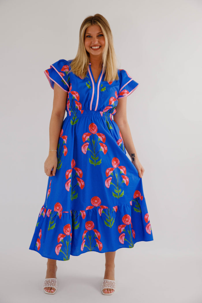 Floral Flutter Sleeve Midi Dress- Pink and Blue Midi Dress- Entro Dresses