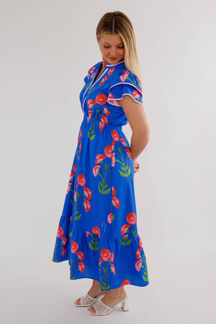 Floral Flutter Sleeve Midi Dress- Pink and Blue Midi Dress- Entro Dresses