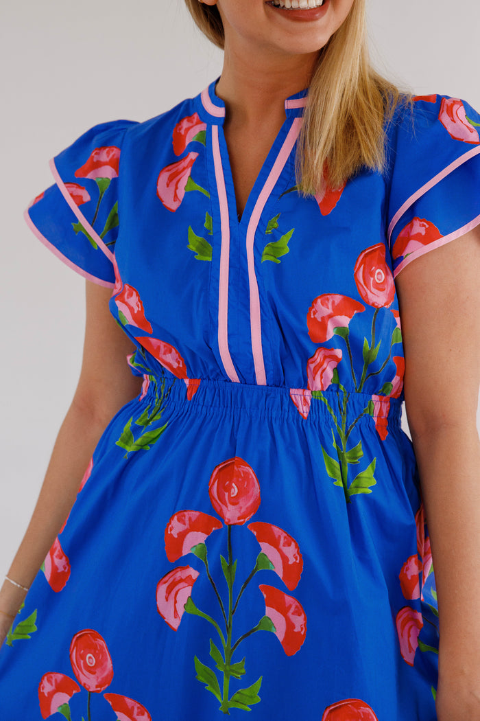 Floral Flutter Sleeve Midi Dress- Pink and Blue Midi Dress- Entro Dresses