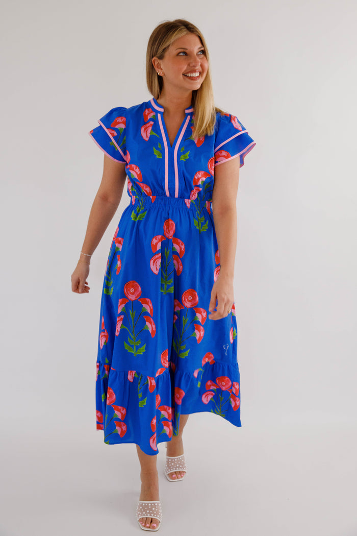 Floral Flutter Sleeve Midi Dress- Pink and Blue Midi Dress- Entro Dresses