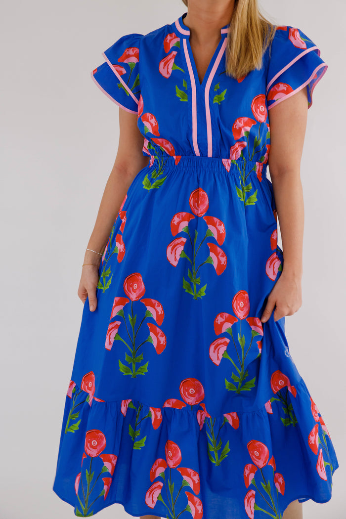 Floral Flutter Sleeve Midi Dress- Pink and Blue Midi Dress- Entro Dresses