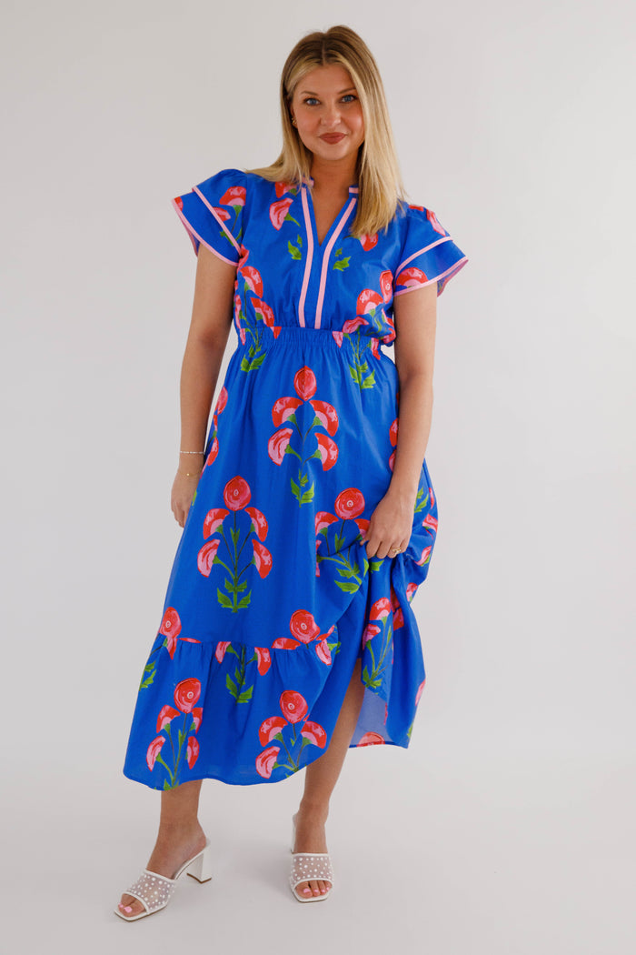 Floral Flutter Sleeve Midi Dress- Pink and Blue Midi Dress- Entro Dresses