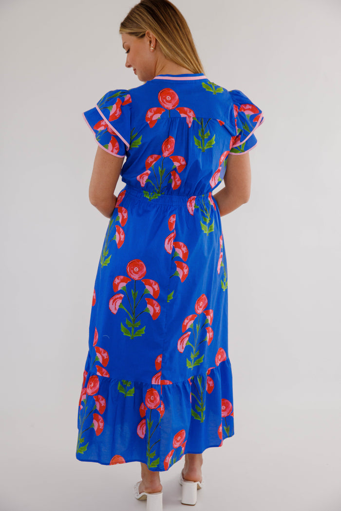 Floral Flutter Sleeve Midi Dress- Pink and Blue Midi Dress- Entro Dresses