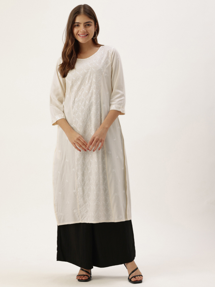 Ivory Round Neck Embroidery Kurta