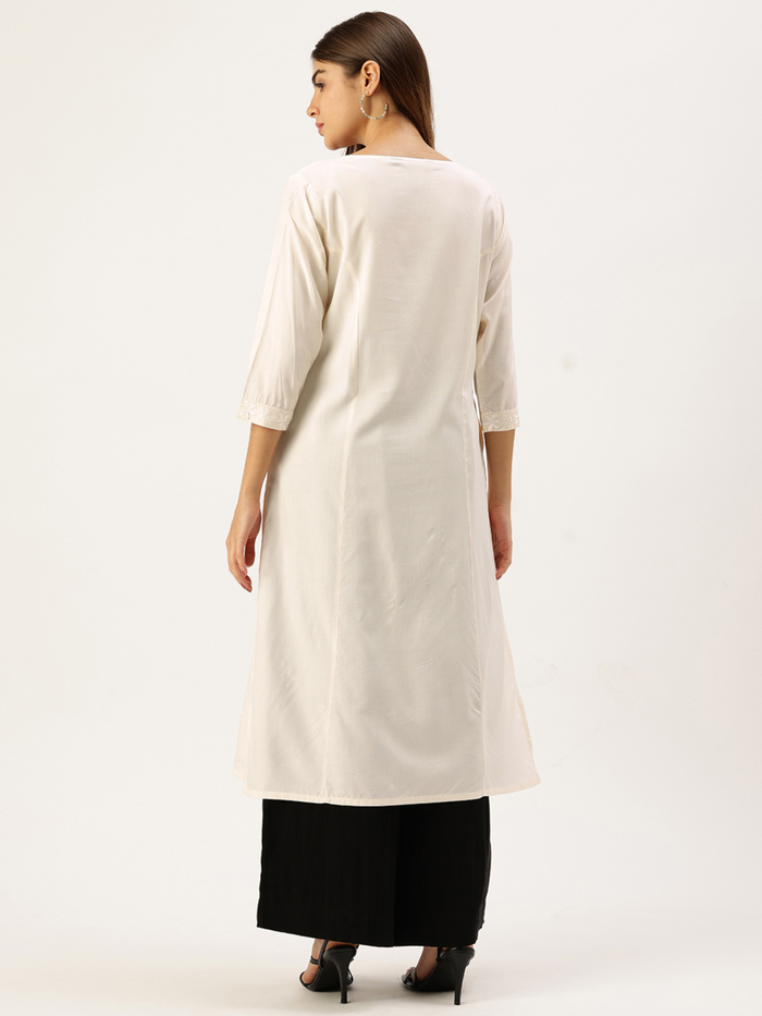 Ivory Round Neck Embroidery Kurta