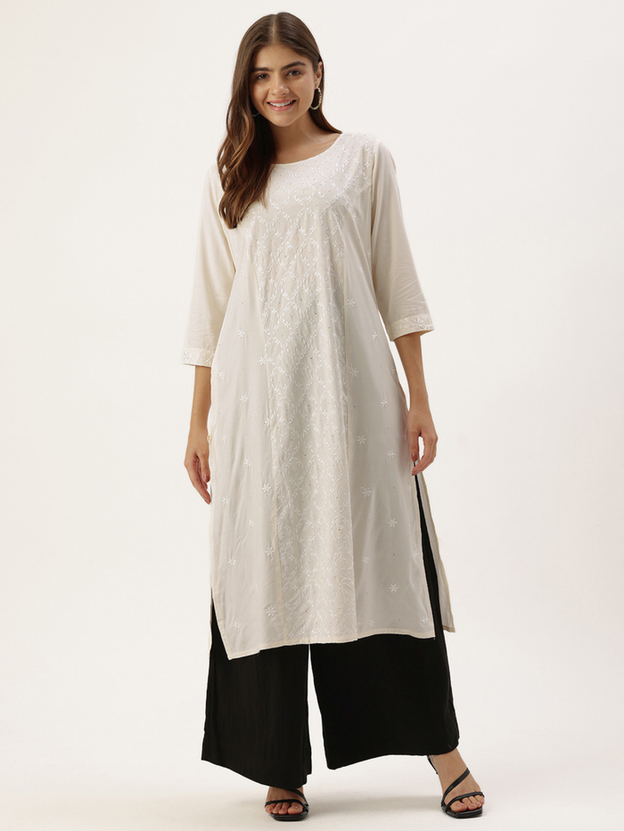 Ivory Round Neck Embroidery Kurta