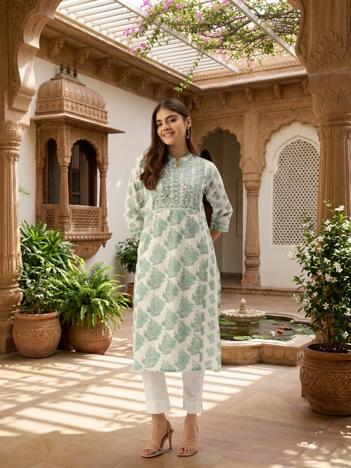 Ivory With Green Floral Printed Mandarin Collar Kurta