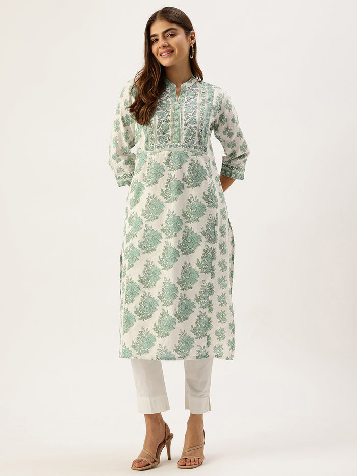 Ivory With Green Floral Printed Mandarin Collar Kurta