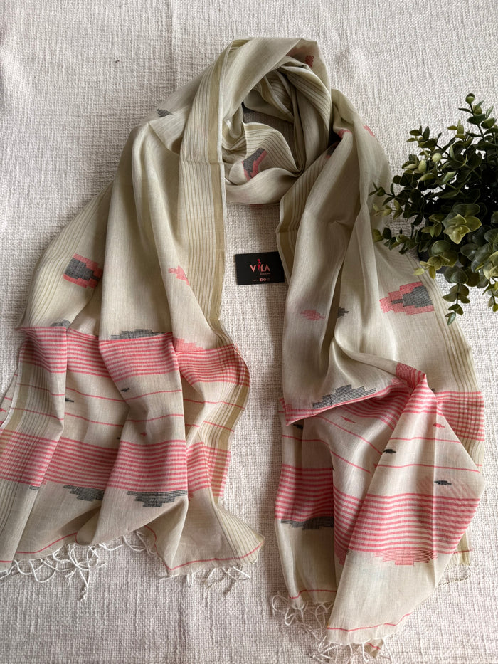 Jamdani Handloom Cotton Stole with Tassels