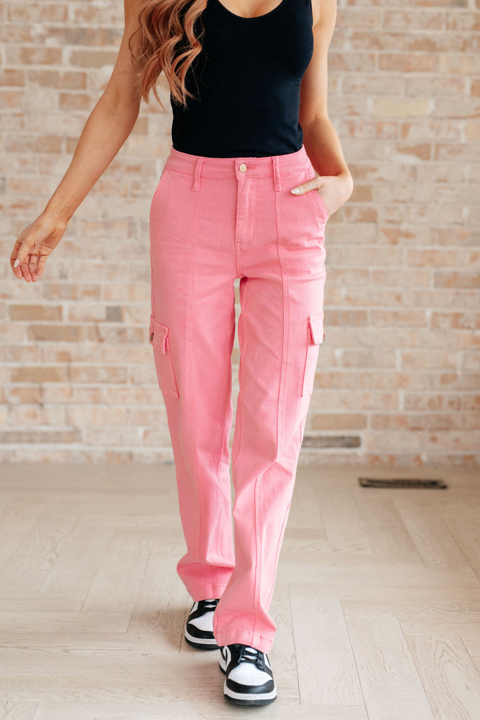 Judy Blue High Waist Cargo Straight Jeans in Garment Dyed Pink
