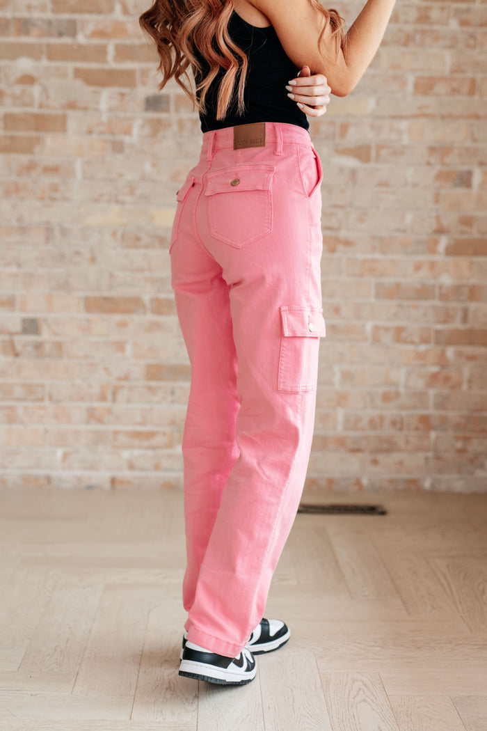 Judy Blue High Waist Cargo Straight Jeans in Garment Dyed Pink