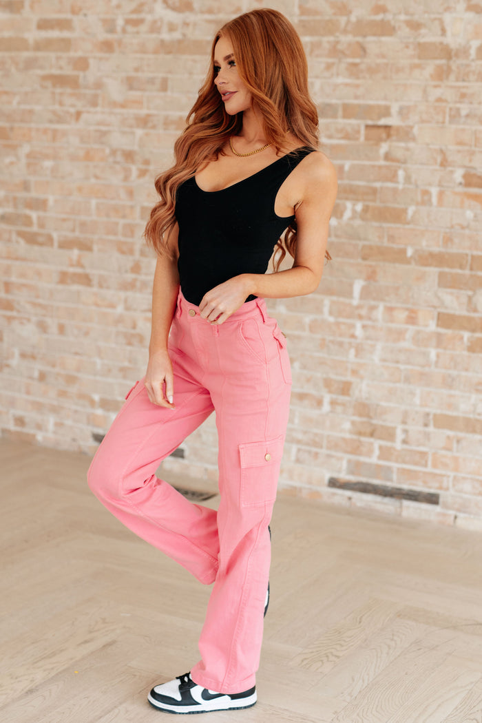 Judy Blue High Waist Cargo Straight Jeans in Garment Dyed Pink
