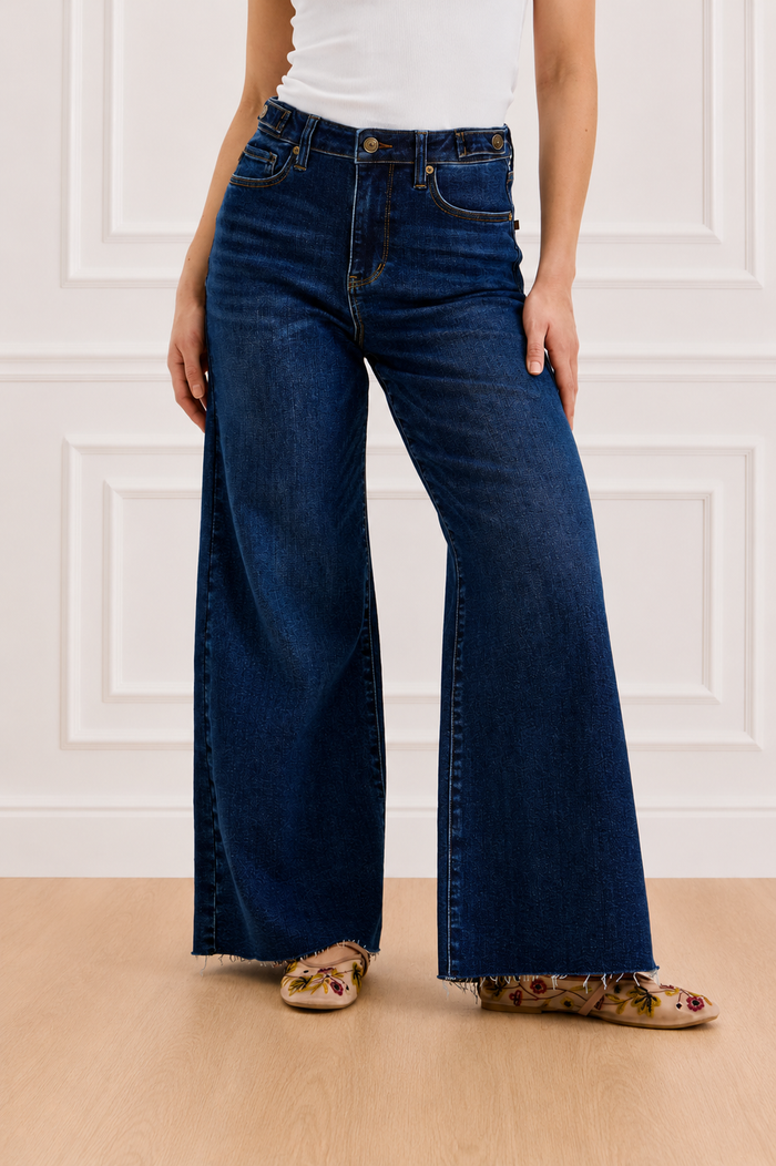 Judy Blue High Waist PETITE Retro Wide Leg with Adjustable Tab Waistband & Raw Hem Jeans