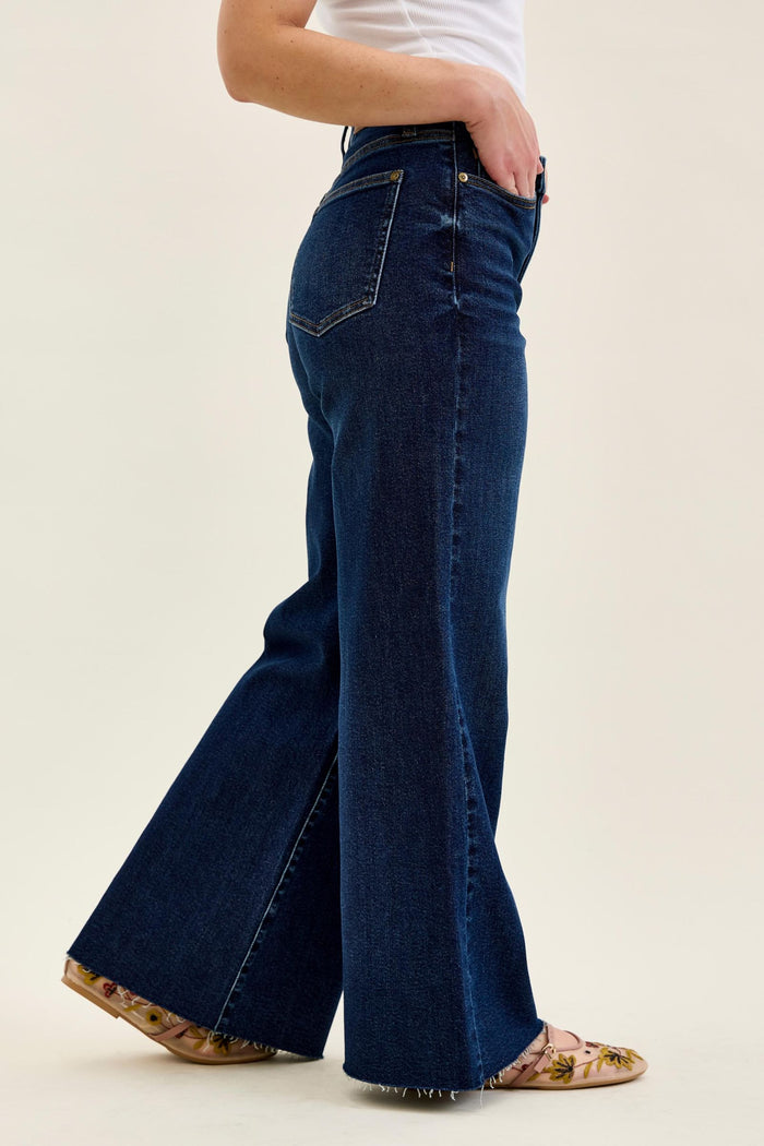 Judy Blue High Waist PETITE Retro Wide Leg with Adjustable Tab Waistband & Raw Hem Jeans