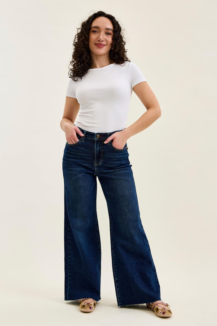 Judy Blue High Waist PETITE Retro Wide Leg with Adjustable Tab Waistband & Raw Hem Jeans
