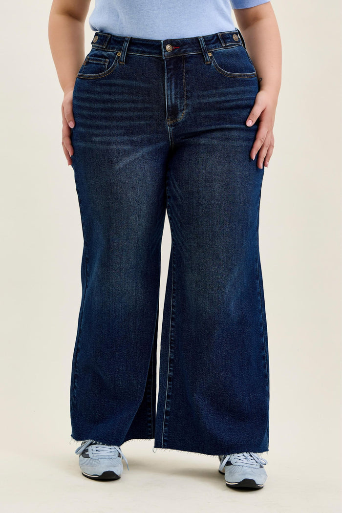 Judy Blue High Waist PETITE Retro Wide Leg with Adjustable Tab Waistband & Raw Hem Jeans