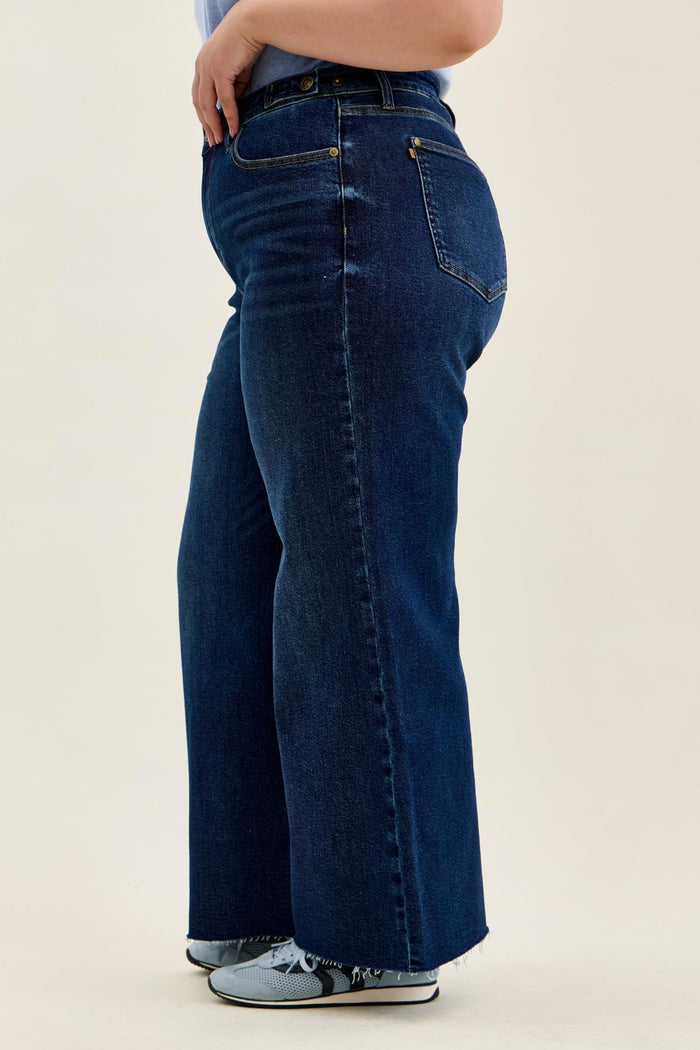 Judy Blue High Waist PETITE Retro Wide Leg with Adjustable Tab Waistband & Raw Hem Jeans