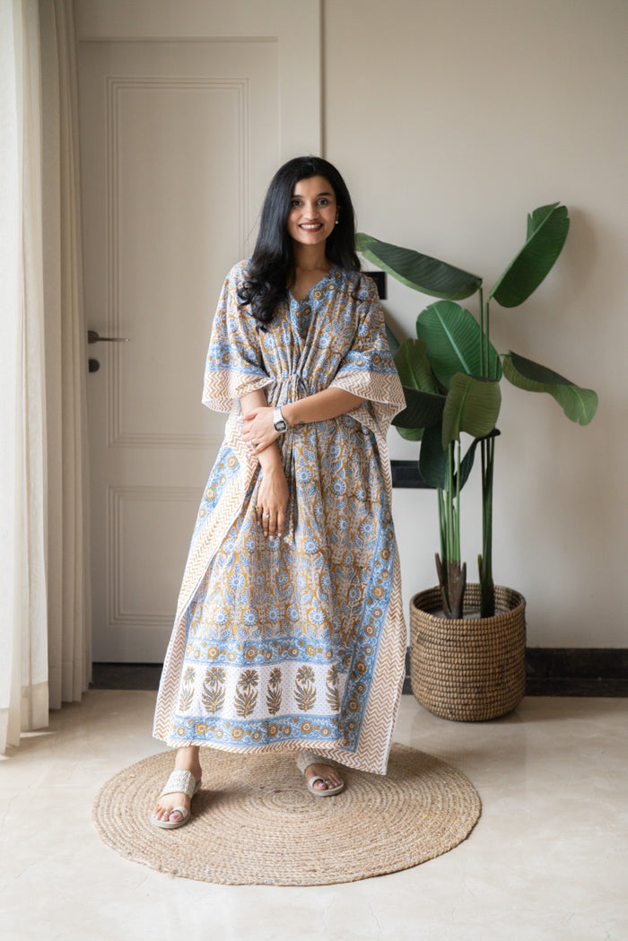 Kashi Block Print Kaftan- Brown Blue Booti