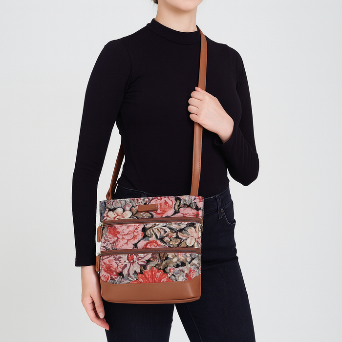 Women’s floral tapestry vegan‑leather compact crossbody sling bag for everyday use, travel, work, and casual outings — Canada & USA-model image