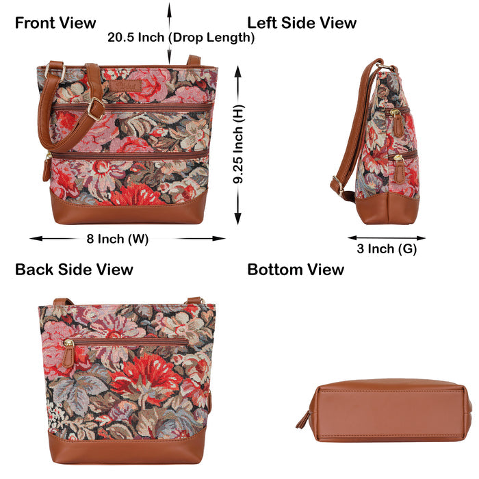 Women’s floral tapestry vegan‑leather compact crossbody sling bag for everyday use, travel, work, and casual outings — Canada & USA-infographic image