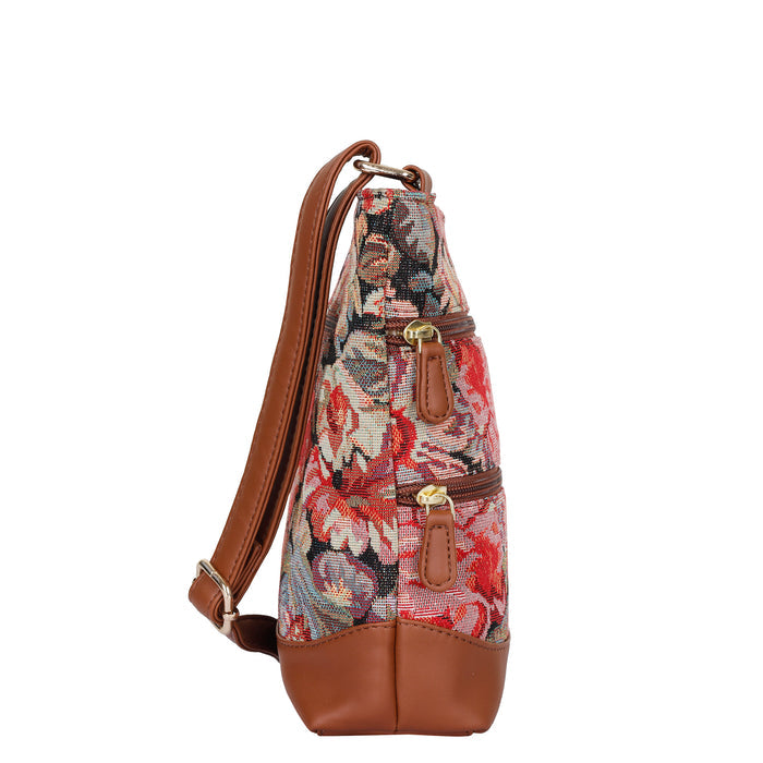 Women’s floral tapestry vegan‑leather compact crossbody sling bag for everyday use, travel, work, and casual outings — Canada & USA-side view