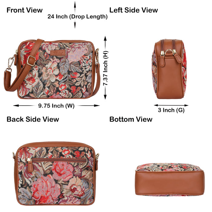 Women’s floral tapestry vegan‑leather compact crossbody sling bag for everyday, travel, and casual outings — Canada & USA-infographic image