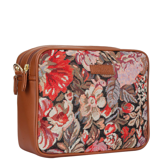 Women’s floral tapestry vegan‑leather compact crossbody sling bag for everyday, travel, and casual outings — Canada & USA-half side view