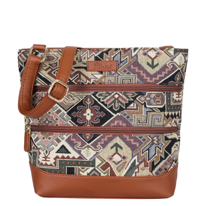 Women’s geometric tapestry vegan‑leather compact crossbody sling bag for everyday use, travel, work, and casual outings — Canada & USA