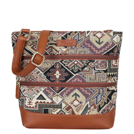 Women’s geometric tapestry vegan‑leather compact crossbody sling bag for everyday use, travel, work, and casual outings — Canada & USA