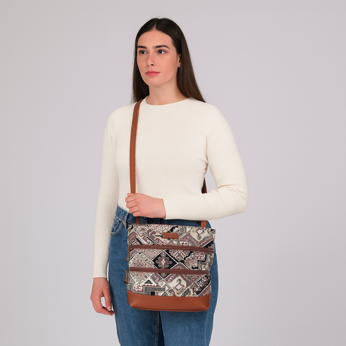 Women’s geometric tapestry vegan‑leather compact crossbody sling bag for everyday use, travel, work, and casual outings — Canada & USA-model image