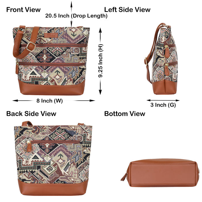 Women’s geometric tapestry vegan‑leather compact crossbody sling bag for everyday use, travel, work, and casual outings — Canada & USA-infographic image