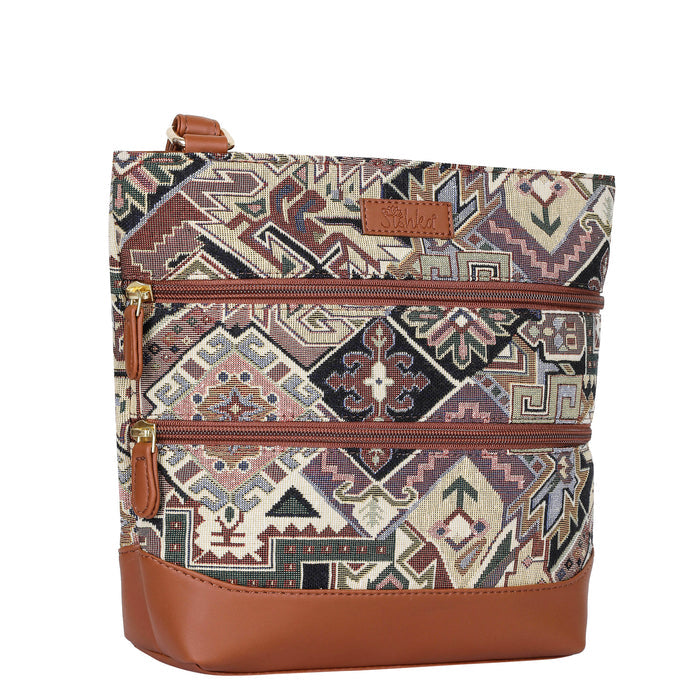 Women’s geometric tapestry vegan‑leather compact crossbody sling bag for everyday use, travel, work, and casual outings — Canada & USA-half side view
