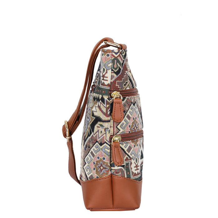 Women’s geometric tapestry vegan‑leather compact crossbody sling bag for everyday use, travel, work, and casual outings — Canada & USA-side view