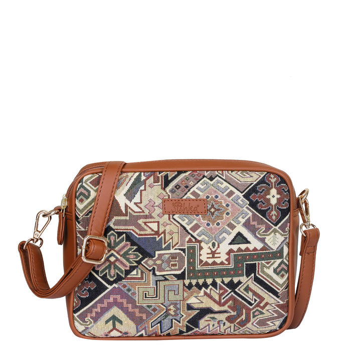 Women’s geometric tapestry vegan‑leather compact crossbody sling bag for everyday, travel, and casual outings — Canada & USA