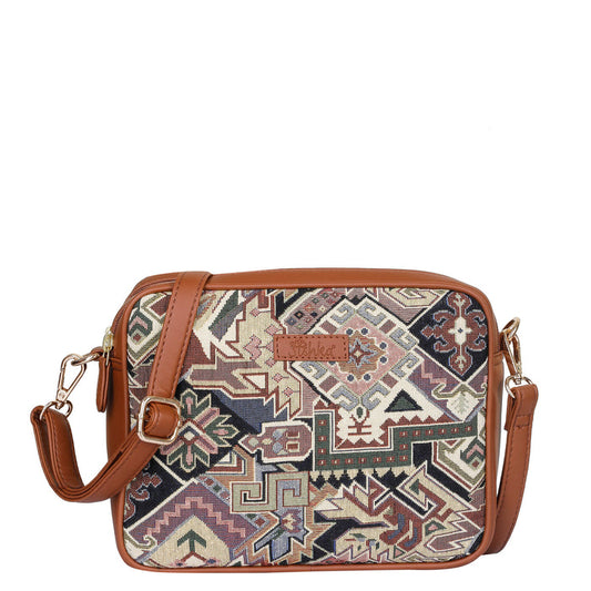 Women’s geometric tapestry vegan‑leather compact crossbody sling bag for everyday, travel, and casual outings — Canada & USA