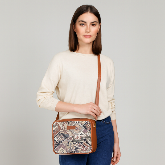 Women’s geometric tapestry vegan‑leather compact crossbody sling bag for everyday, travel, and casual outings — Canada & USA-model image