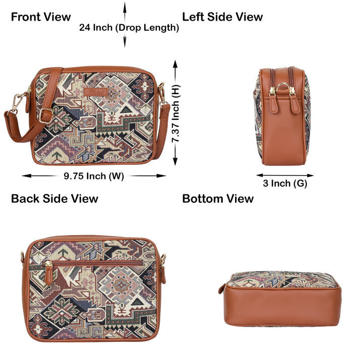 Women’s geometric tapestry vegan‑leather compact crossbody sling bag for everyday, travel, and casual outings — Canada & USA-infographic image