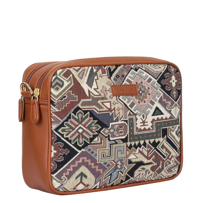 Women’s geometric tapestry vegan‑leather compact crossbody sling bag for everyday, travel, and casual outings — Canada & USA-half side view