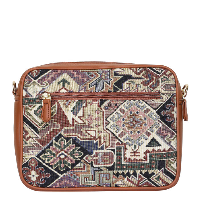Women’s geometric tapestry vegan‑leather compact crossbody sling bag for everyday, travel, and casual outings — Canada & USA-back view