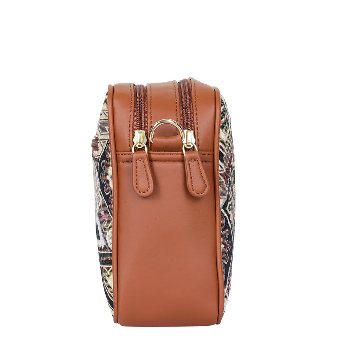 Women’s geometric tapestry vegan‑leather compact crossbody sling bag for everyday, travel, and casual outings — Canada & USA-side view