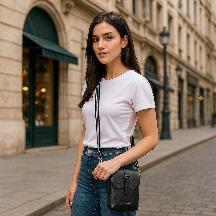 Black Genuine Leather Messenger Crossbody Bag for Travel and Everyday Use-model image