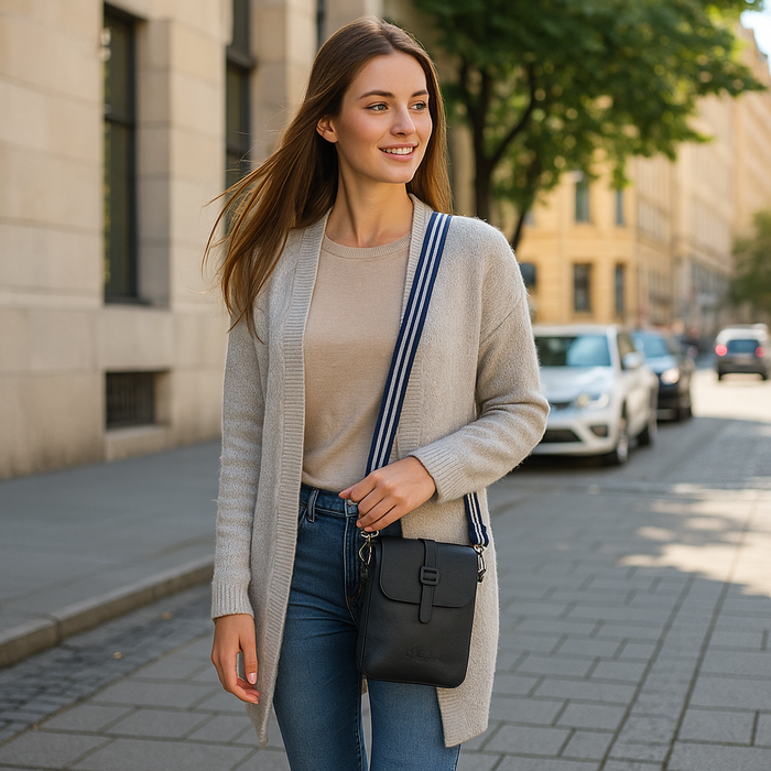Navy Blue Genuine Leather Messenger Crossbody Bag for Travel and Everyday Use-model image