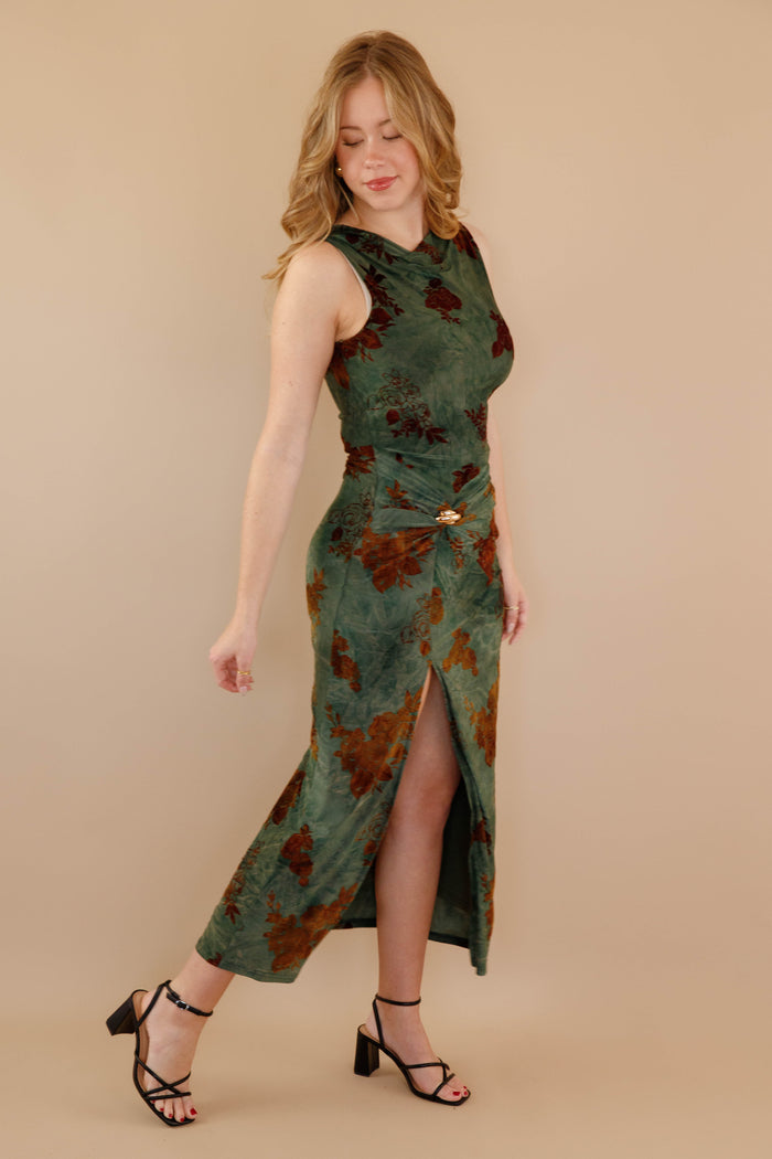 Burnout Velvet Floral Print Midi Dress- Women's Cocktail Dresses