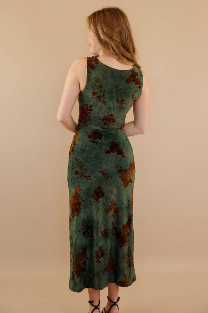 Burnout Velvet Floral Print Midi Dress- Women's Cocktail Dresses
