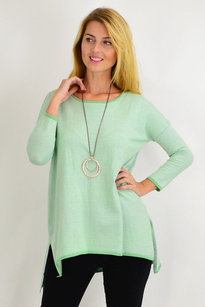 Lime green candy stripe tunic top by Willow Tree, featuring a relaxed fit and stylish winter fashion for women.