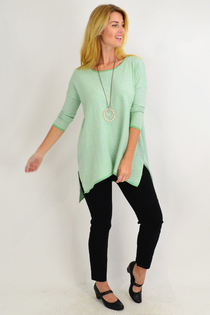 Lime green Candy Stripe Tunic Top by Willow Tree, featuring a vibrant pattern and comfortable fit, suitable for casual winter fashion.