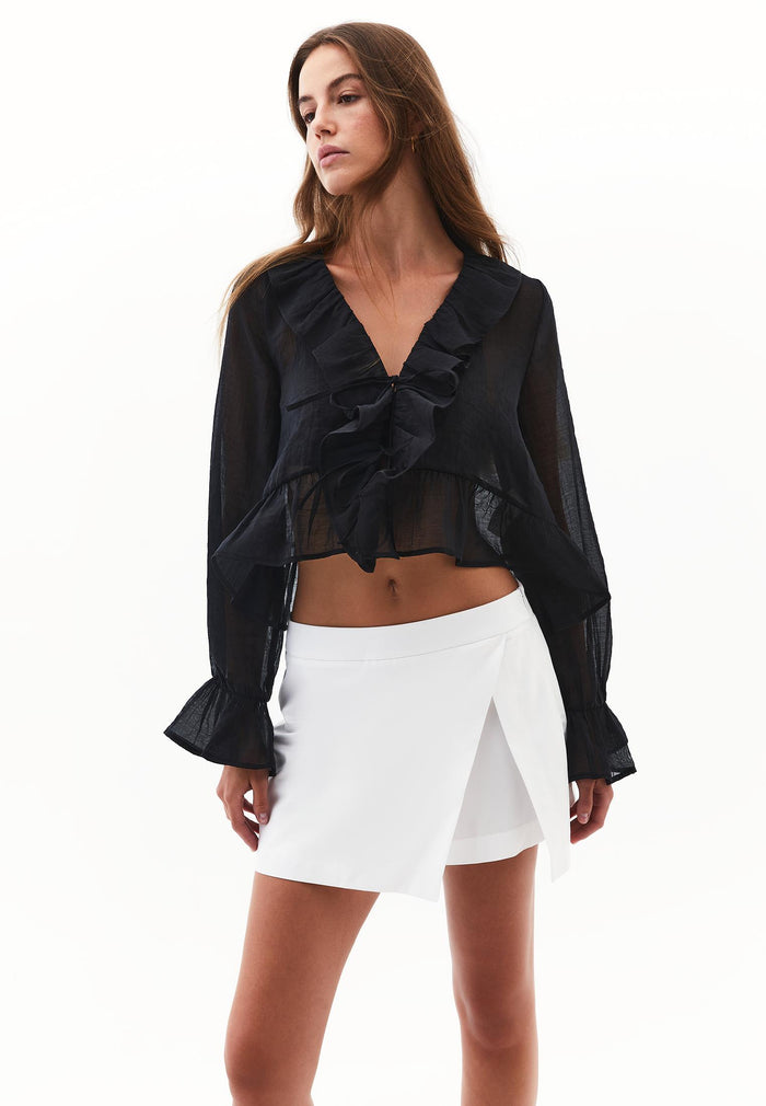 Long Sleeved Ruffled Blouse - BLACK