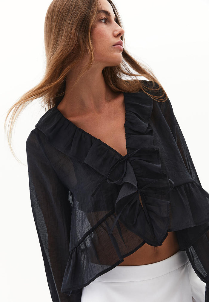 Long Sleeved Ruffled Blouse - BLACK