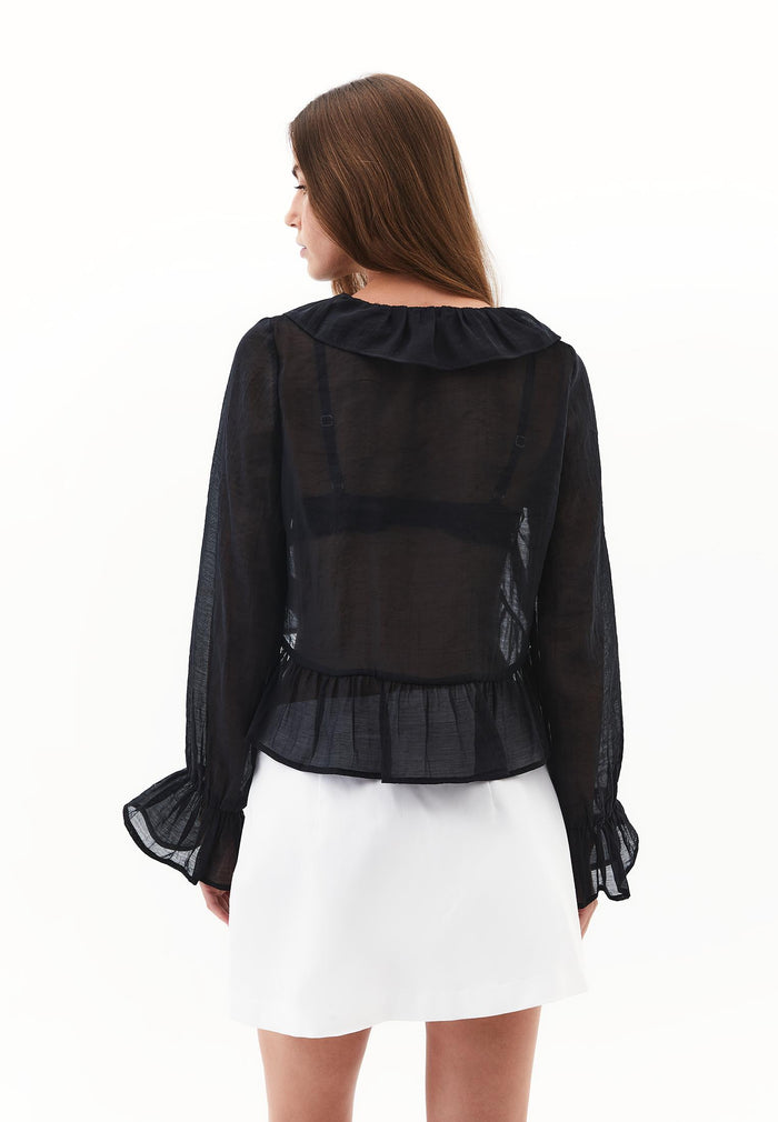 Long Sleeved Ruffled Blouse - BLACK