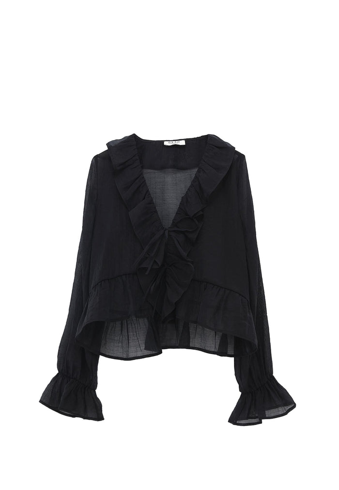 Long Sleeved Ruffled Blouse - BLACK